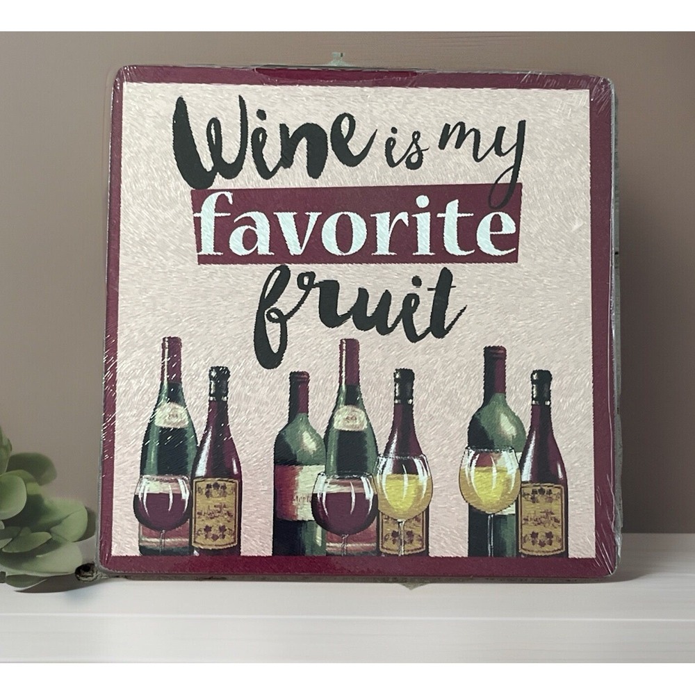 Wine Is My Favorite Fruit Design Glass Cutting Board  7.75" X 7.75" -‎ NEW